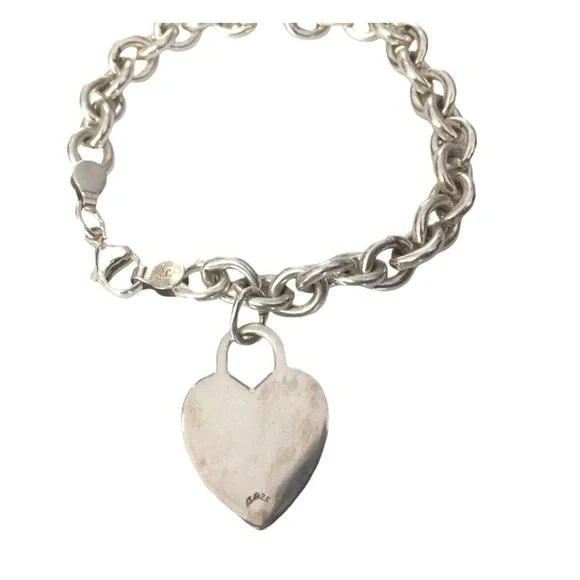Designer 925 sterling silver cable chain bracelet large Heart charm 7''L signed - Picture 11 of 13